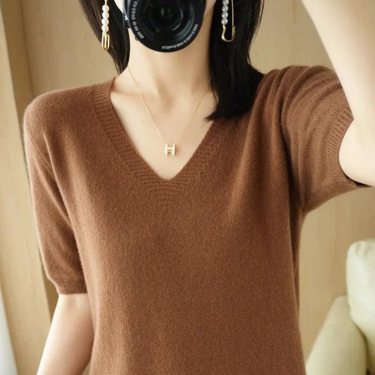 Spring Autumn Women Sweaters Short Sleeves V-Neck Bottoming Shirt Knitwear 2023 Summer Camel Green Pink Pullovers Korean Jumpers