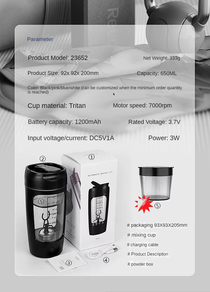 650Ml Electric Protein Shaker Cup with Powder Storage Container Mixer Cup Gym Sport Water Bottles with Wire Whisk Ball Drinkware
