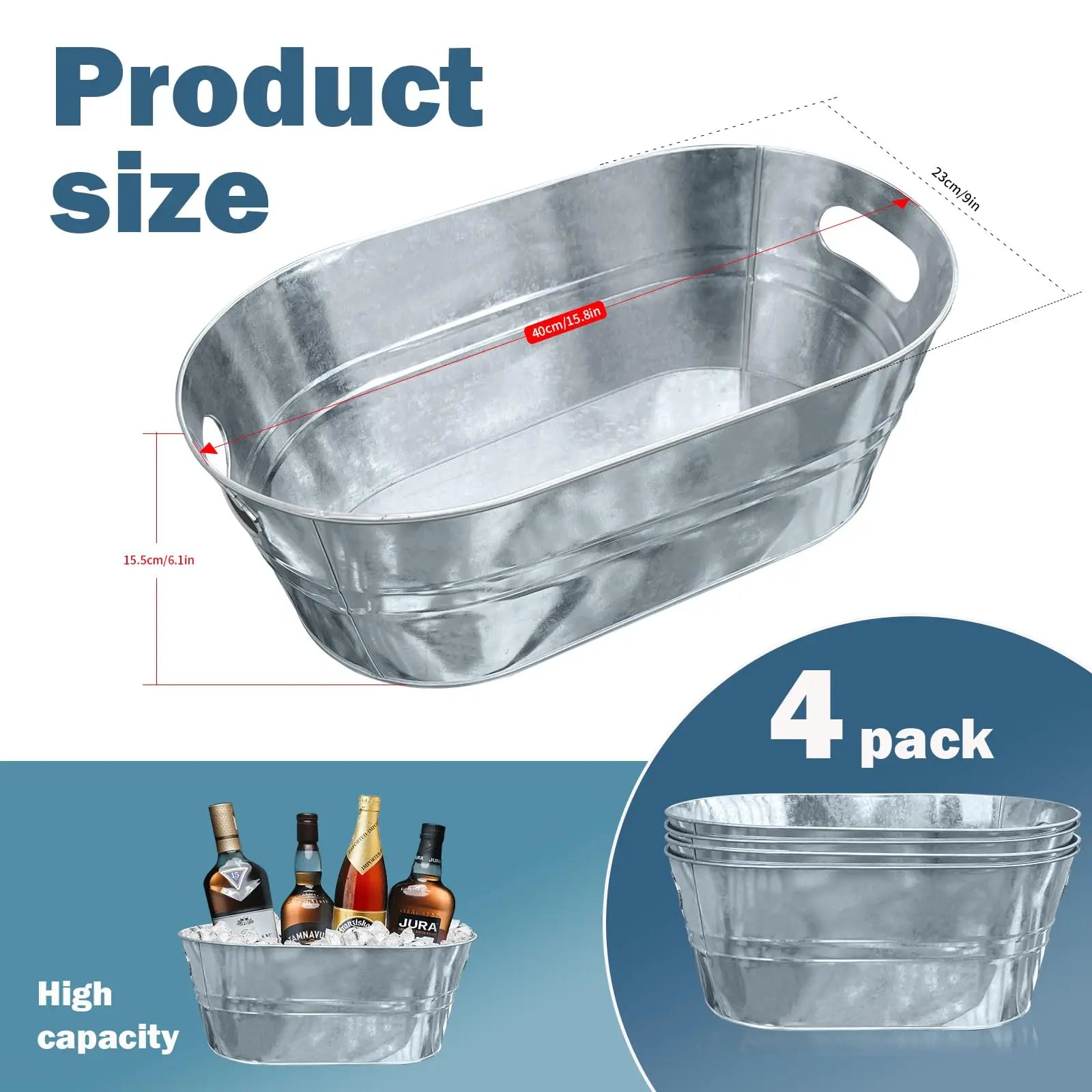 4Pcs/Set Oval Galvanized Beverage Tub Chill Drink Beer Bucket Drink Cooler Ice Bucket for Home Parties Mulcifunction Use