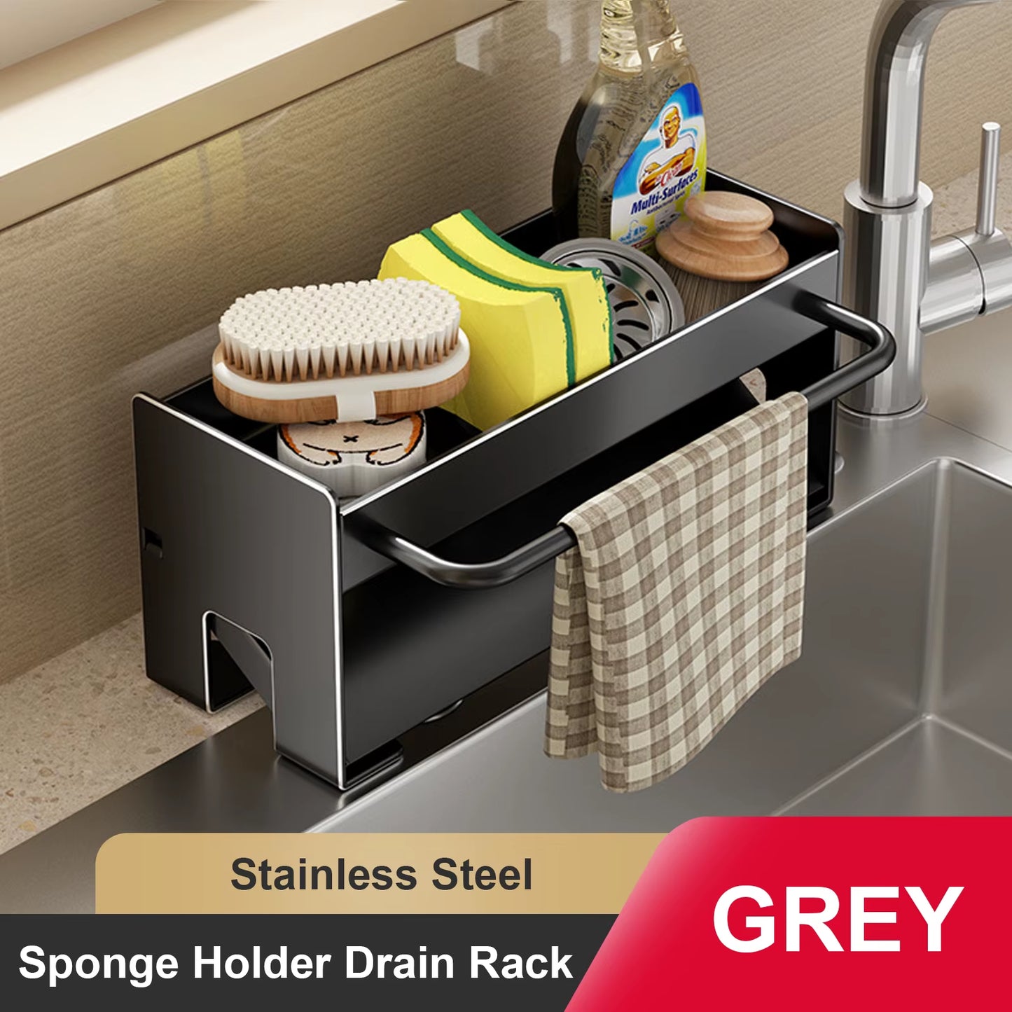 Space Aluminum Kitchen Sponge Holder and Sink Drain Rack - Soap Drainer and Towel Shelf Organizer for Bathroom Storage