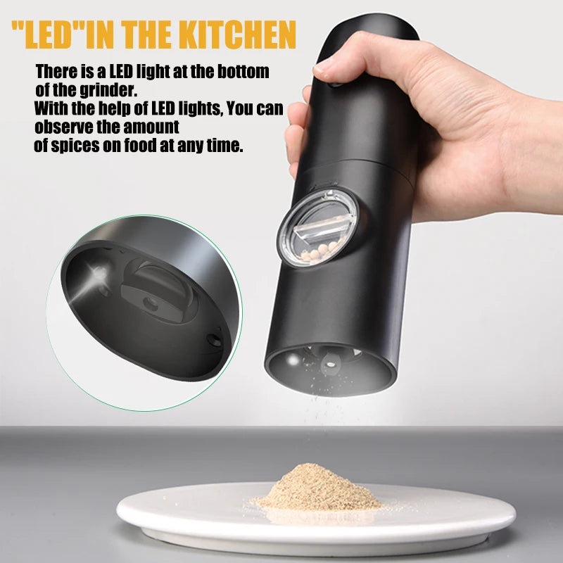 USB Rechargeable Automatic Pepper and Salt Grinder with Adjustable Coarseness and LED Light - Kitchen Essential