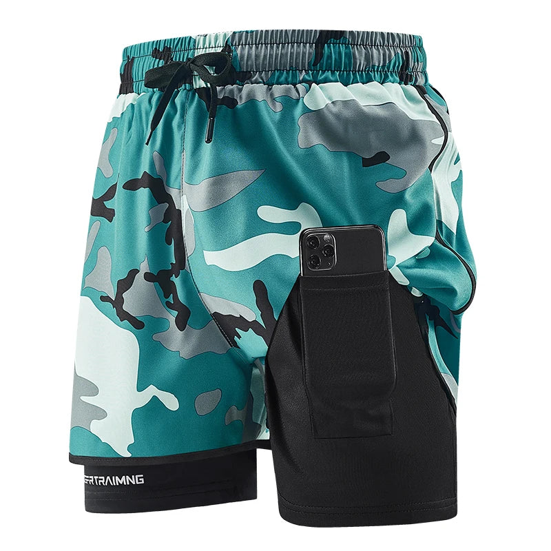 Men'S 2 in 1 Gym Shorts Camouflage Fitness Training Shorts with Phone Pocket Towel Loop Quick Dry Running Wear Workout Shorts