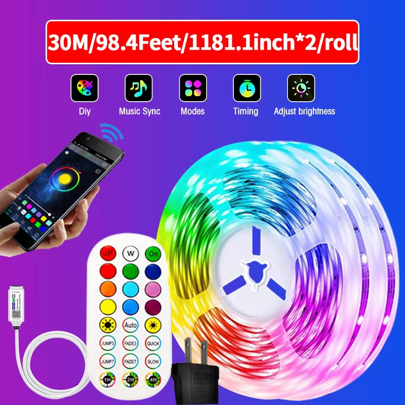 30M 5050 RGBWW LED Light Strip with Bluetooth App Control and US Power Supply for Home and Party Decoration