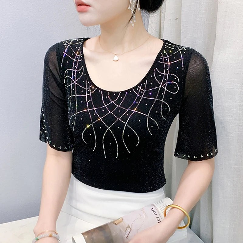 2025 Spring Summer Mesh Tops Korean Fashion Diamond T Shirt Slim 3/4 Sleeve Hollow Out Casual Women Shirt