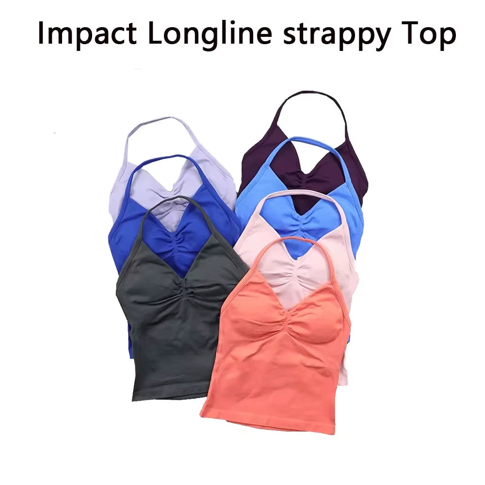 Impact Longline Strappy Top with Logo Women Seamless Yoga Tops Backless Gym Clothes Workout Sleeveless Shirts with Buit in Bra