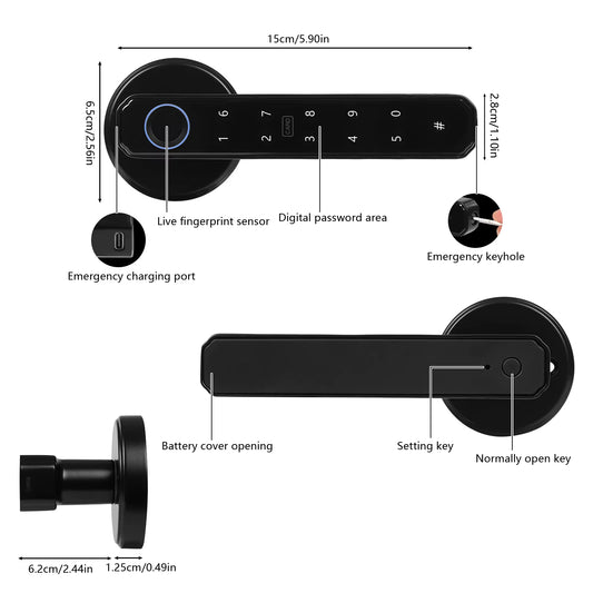 Smart Door Handle Lock with Fingerprint, Password, IC Card, and Key Access - 0.2s Unlocking with Type-C Emergency Power for Home, Apartment, and Office Use