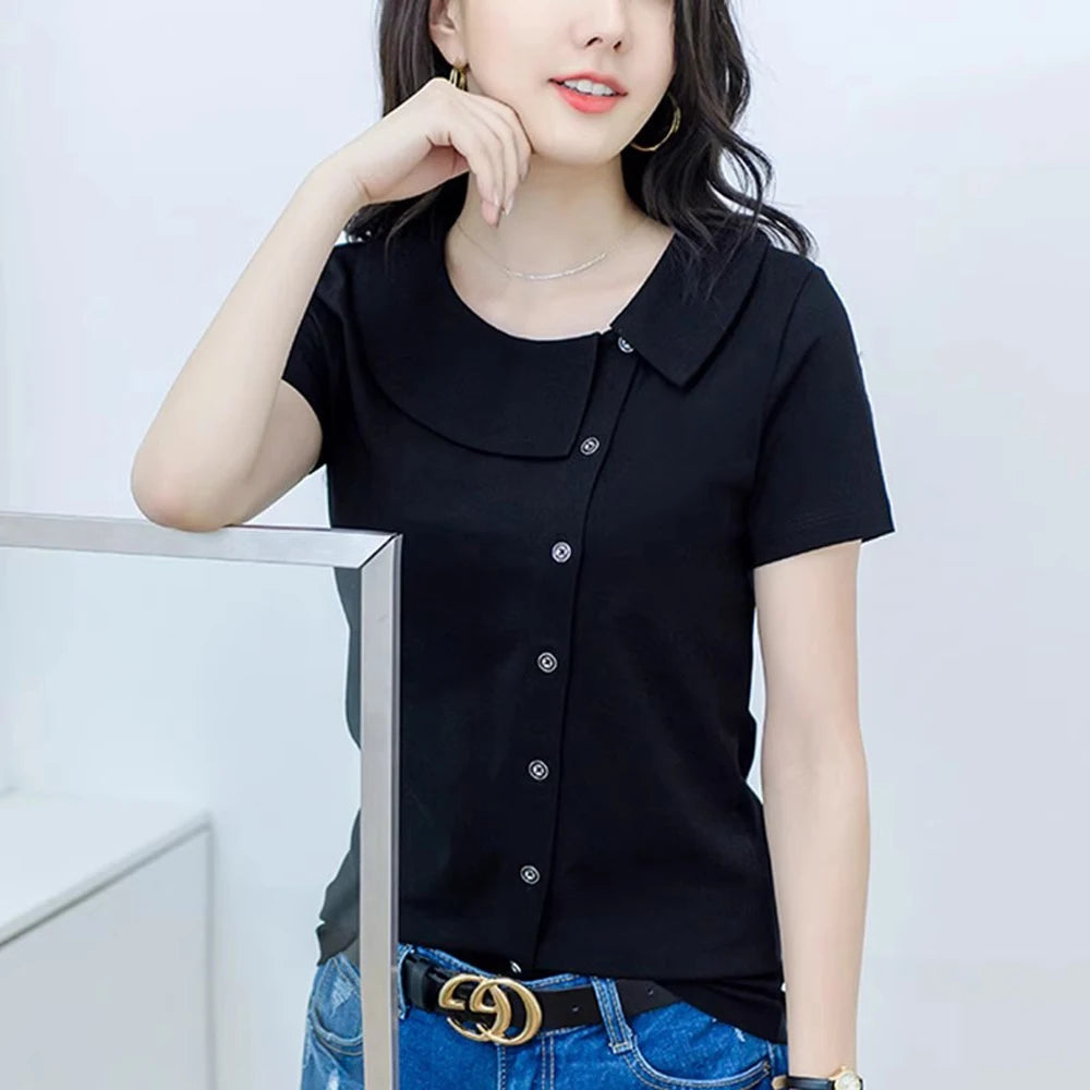 Korean Version Blue Pure Cotton Short Sleeved T-Shirt Women'S Summer New Polo Shirt Loose Half Sleeved Shirt Slim Fit Lapel Top