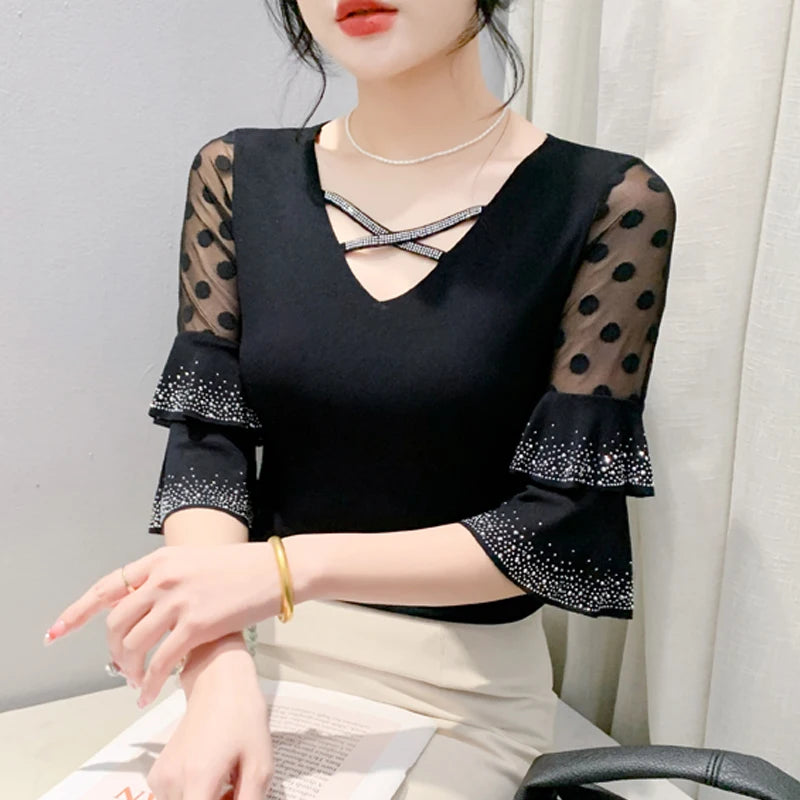 2025 Spring Summer Mesh Tops Korean Fashion Diamond T Shirt Slim 3/4 Sleeve Hollow Out Casual Women Shirt