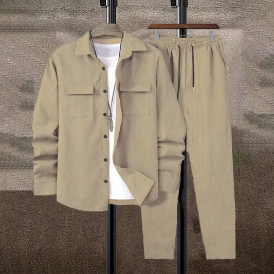 Men'S Suit Solid Color Corduroy Suit Long Sleeve Shirt and Pants Casual Suit