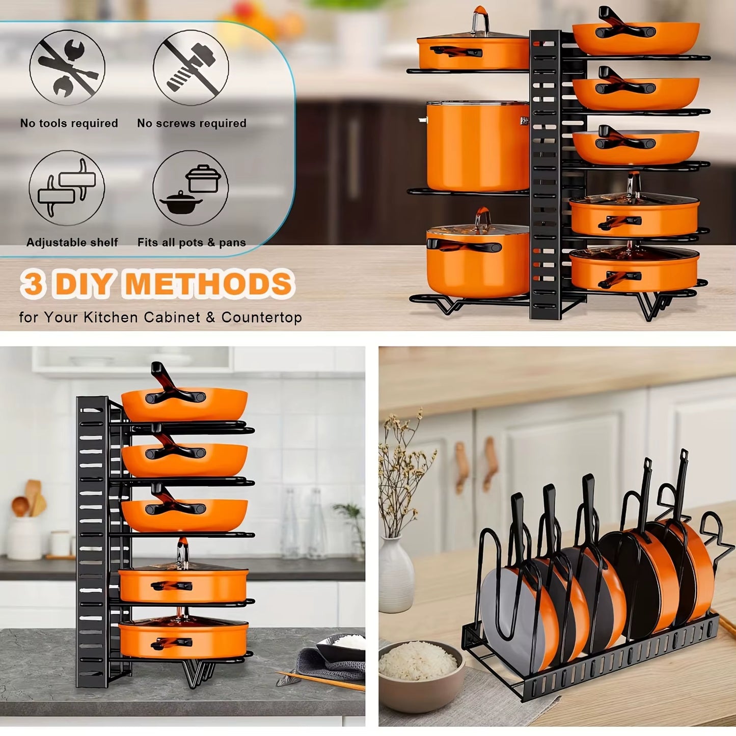 8-Tier Duty Pot Rack Organizer Durable Metal,Space-Saving Cabinet Holder for Pots,Pans and Lids-Keep Your Kitchen Neat and Tidy