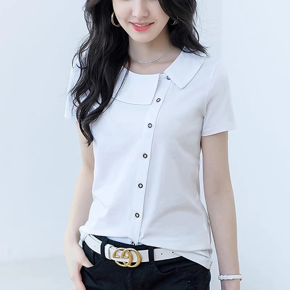 Korean Version Blue Pure Cotton Short Sleeved T-Shirt Women'S Summer New Polo Shirt Loose Half Sleeved Shirt Slim Fit Lapel Top