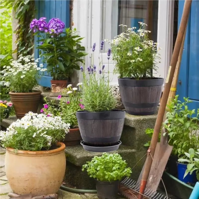 Vintage Farmhouse-Style 9-Inch Resin Barrel Planter for Home and Outdoor Use