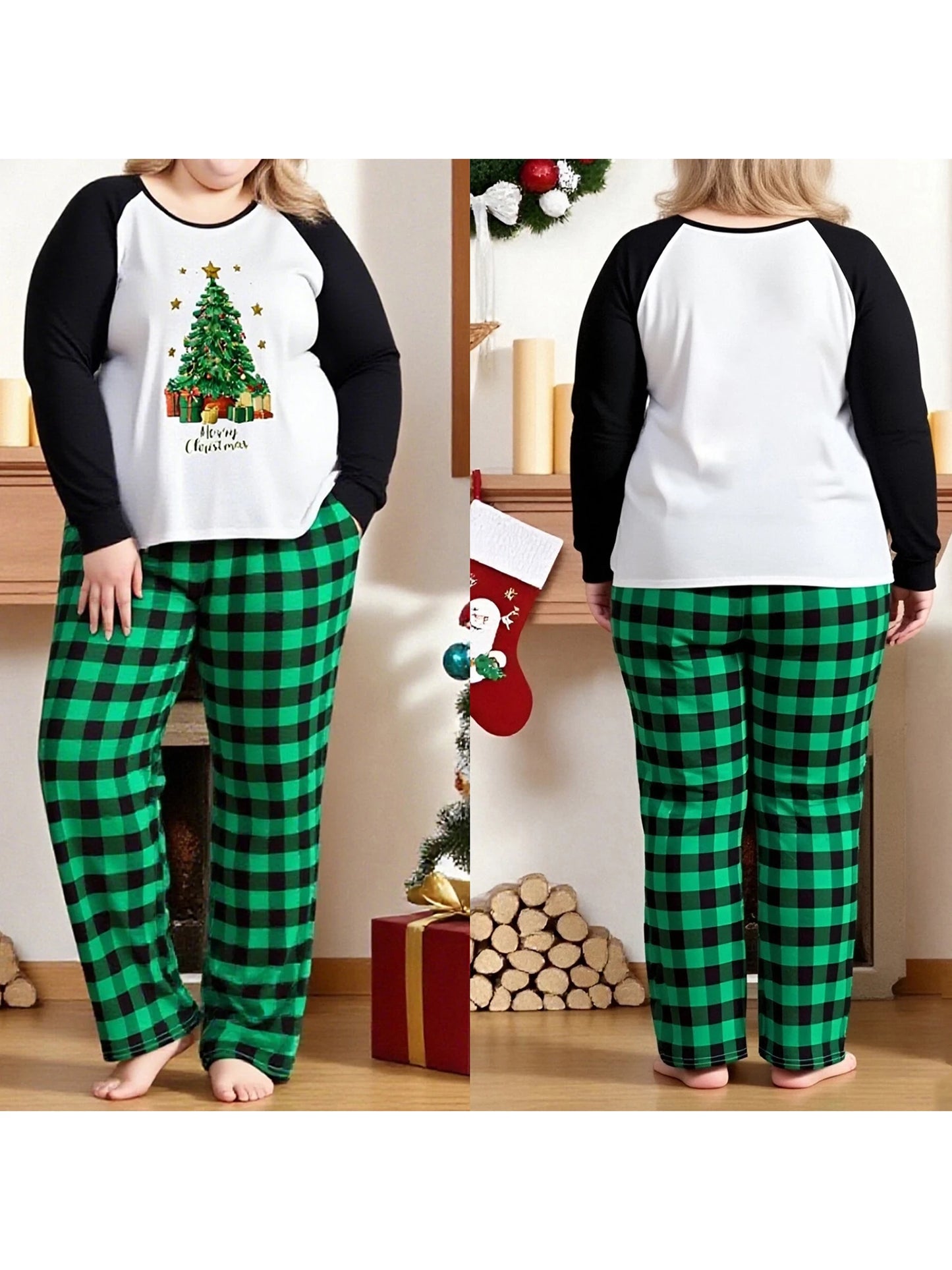 Women S Christmas Pajama Set Cozy Long Sleeve Top with Festive Print and Matching Plaid Pants for Sleepwear and Loungewear