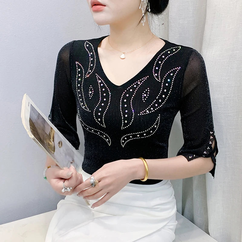 2025 Spring Summer Mesh Tops Korean Fashion Diamond T Shirt Slim 3/4 Sleeve Hollow Out Casual Women Shirt