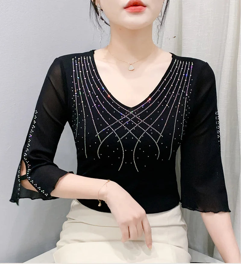2025 Spring Summer Mesh Tops Korean Fashion Diamond T Shirt Slim 3/4 Sleeve Hollow Out Casual Women Shirt