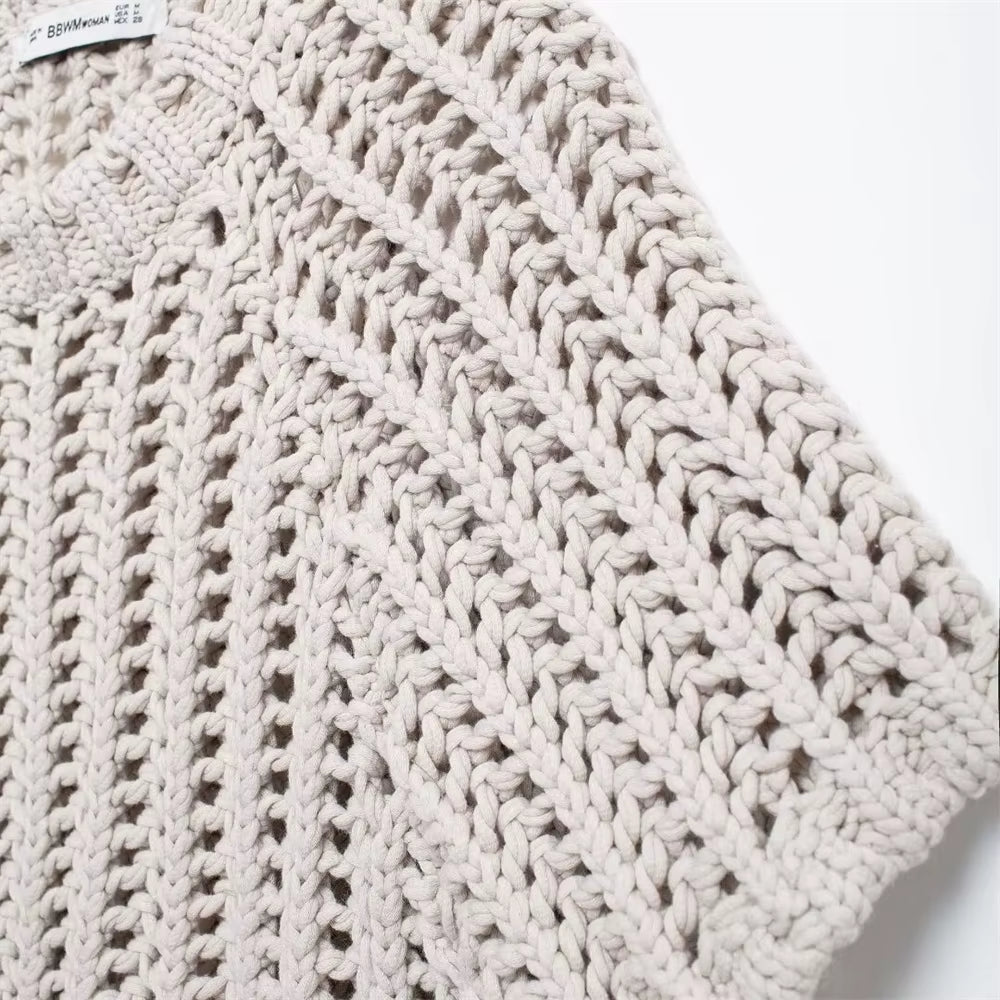 Hollow Out Knit Pullover Women Casual round Neck Lace up Bow Sweater Female Autumn Short Sleeves Solid Knitwears Lady