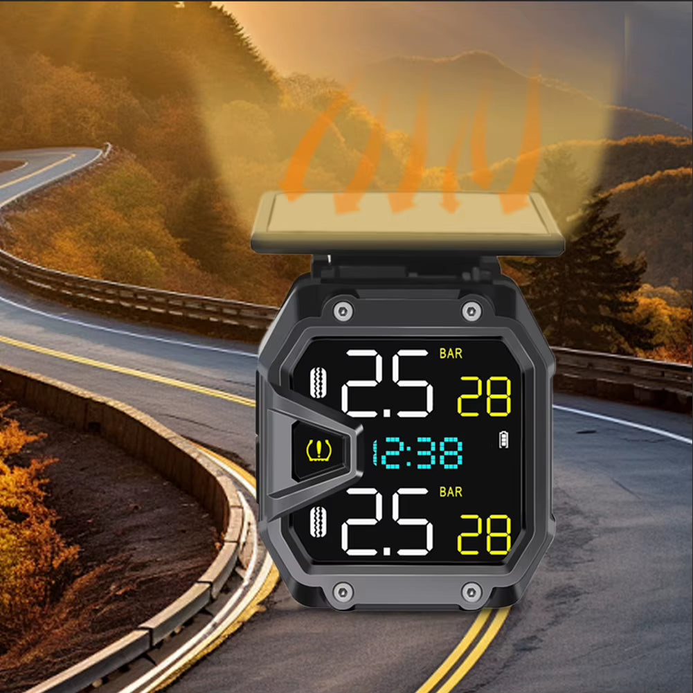Motorcycle Tire Pressure Monitoring System with USB Port and Solar Power for Outdoor Cycling Accessories