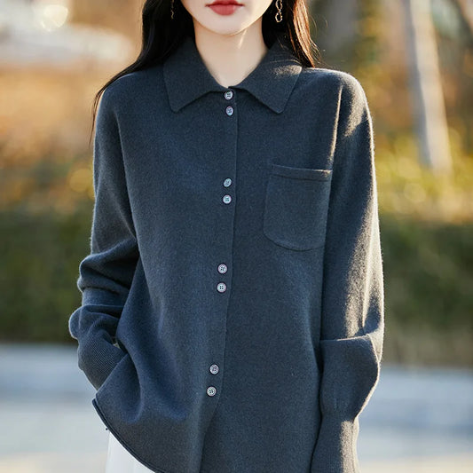 Spring and POLO Collar 100%Pure Wool Cardigan Women'S New Lapel Large Size Coat Fashion Loose Pocket Women Jacket Casual Sweater