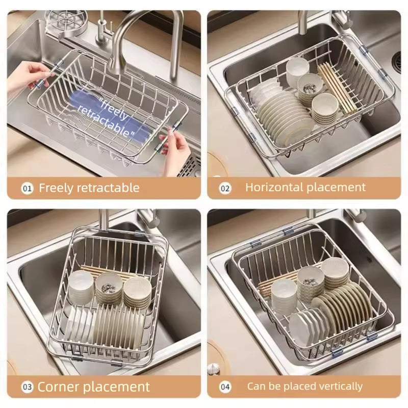 Telescopic Stainless Steel Sink Drain Basket and Dishwashing Rack for Kitchen Utensils and Dishes Storage
