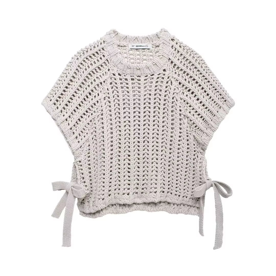 Hollow Out Knit Pullover Women Casual round Neck Lace up Bow Sweater Female Autumn Short Sleeves Solid Knitwears Lady