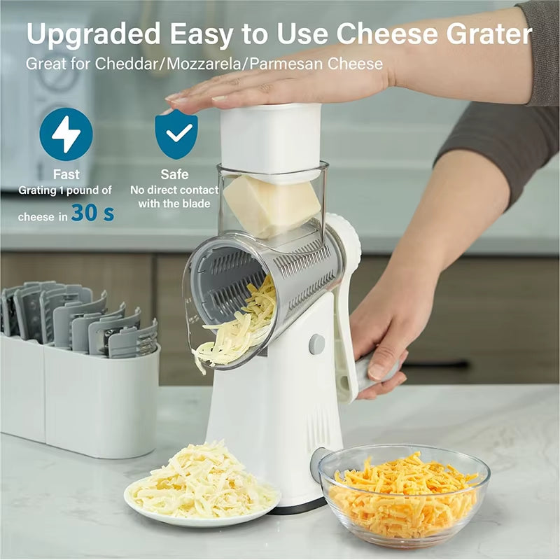 5-in-1 Rotary Cheese Grater and Vegetable Slicer with Mandoline, Julienne, Waffle Cutter, and Nut Chopper - Model JT247