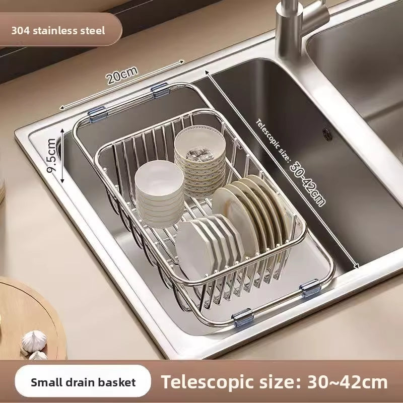 Telescopic Stainless Steel Sink Drain Basket and Dishwashing Rack for Kitchen Utensils and Dishes Storage
