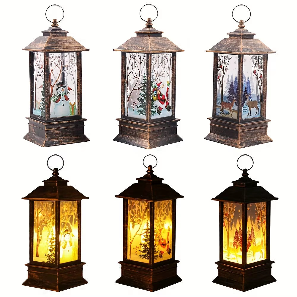 Set of 3 Christmas Lantern Candlestick Nightlights featuring Old Man and Snowman Designs for Table Decoration