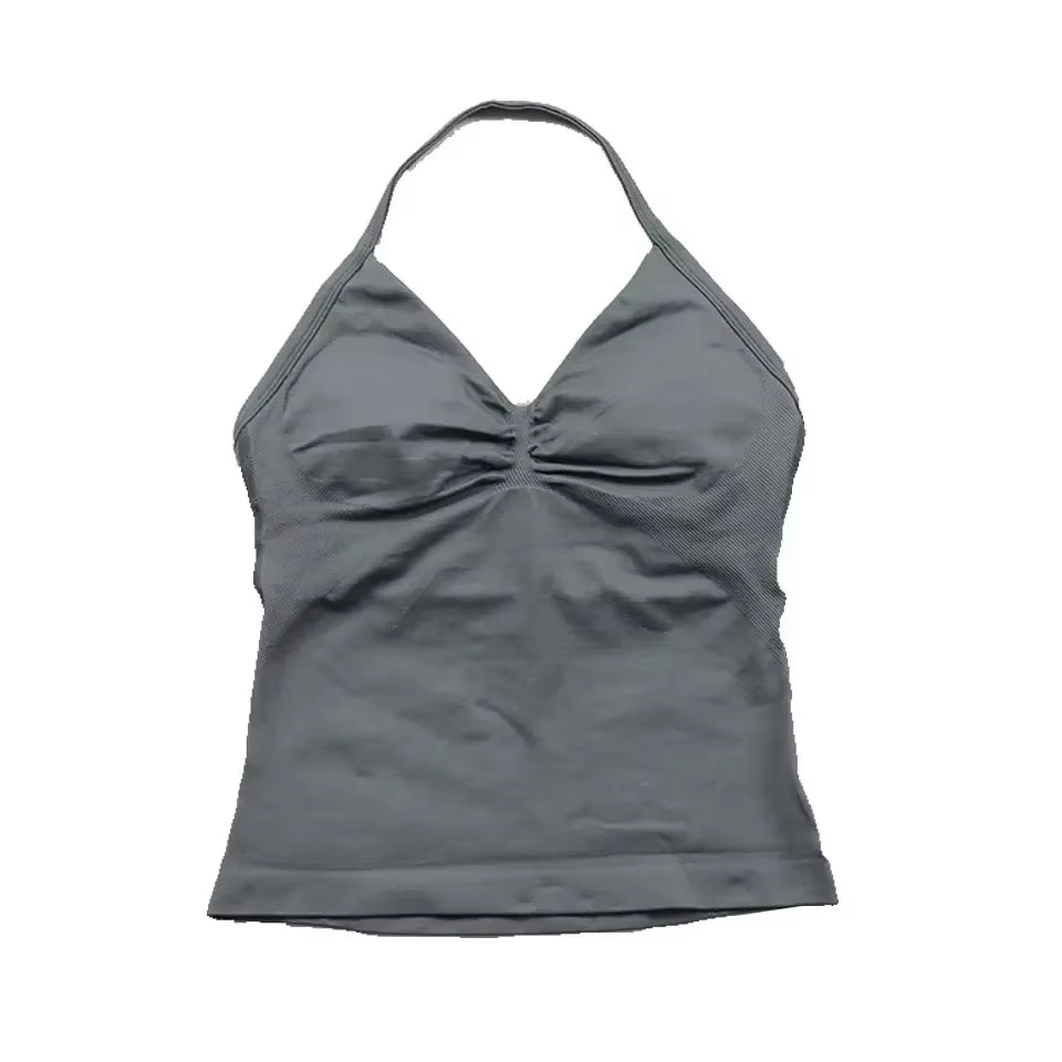 Impact Longline Strappy Top with Logo Women Seamless Yoga Tops Backless Gym Clothes Workout Sleeveless Shirts with Buit in Bra