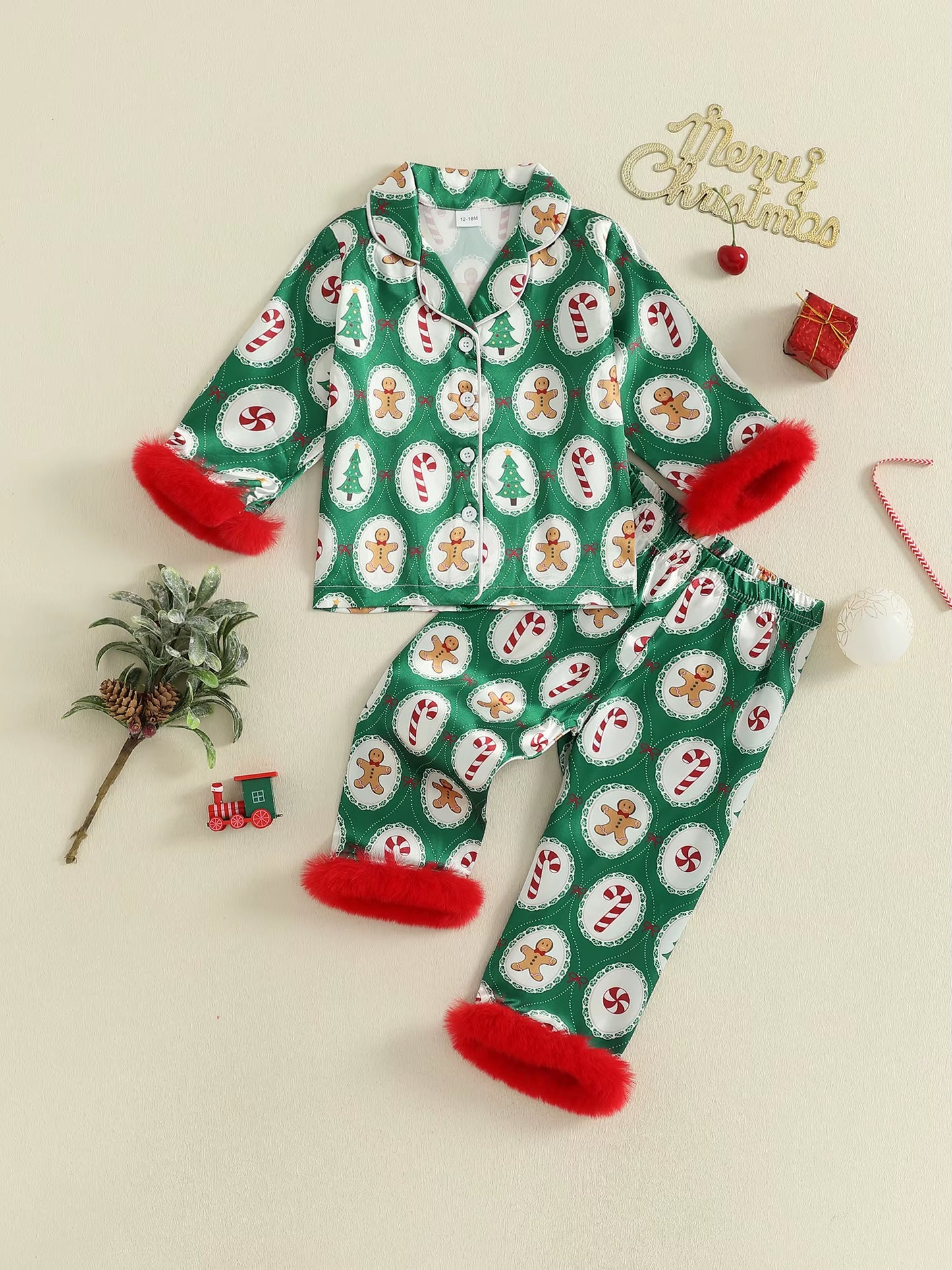 Girls Christmas Satin Pajama Set with Reindeer Print Lapel Long Sleeve Button down Top and Matching Pants Sleepwear