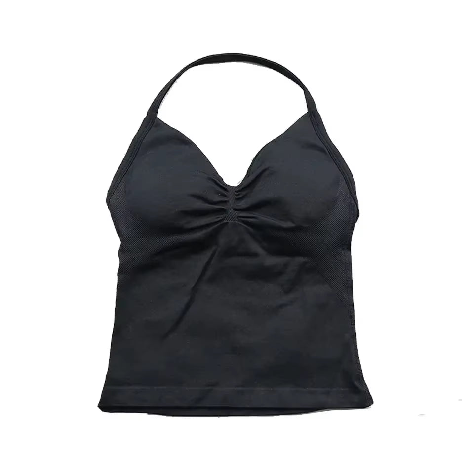 Impact Longline Strappy Top with Logo Women Seamless Yoga Tops Backless Gym Clothes Workout Sleeveless Shirts with Buit in Bra
