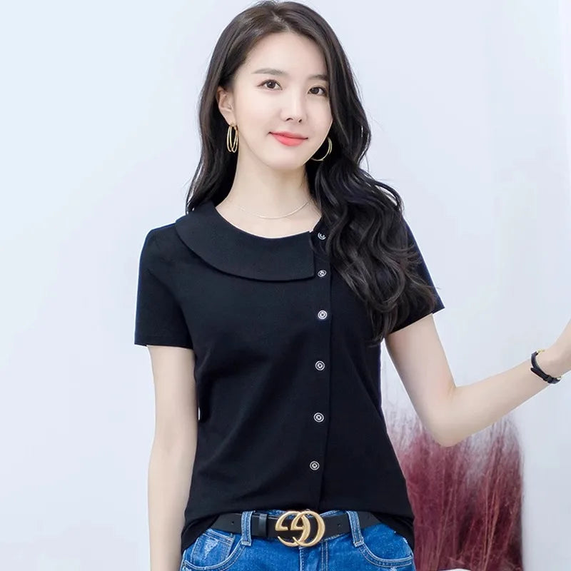 Korean Version Blue Pure Cotton Short Sleeved T-Shirt Women'S Summer New Polo Shirt Loose Half Sleeved Shirt Slim Fit Lapel Top