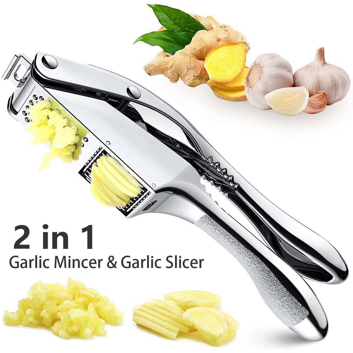 Stainless Steel 2-in-1 Garlic Press and Slicer - Dual Function Handheld Mincer Tool for Kitchen Use