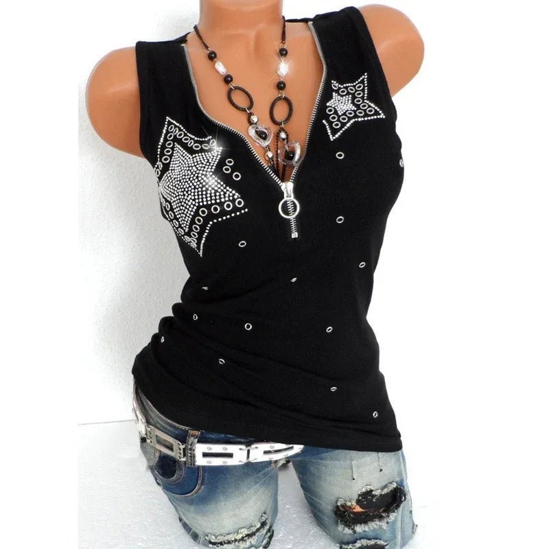 Sexy Harajuku Tshirt Blusas T Shirt Women Sleeveless Casual Y2K Top Tee Fashion Black Red Summer T-Shirt Woman Clothes V-Neck