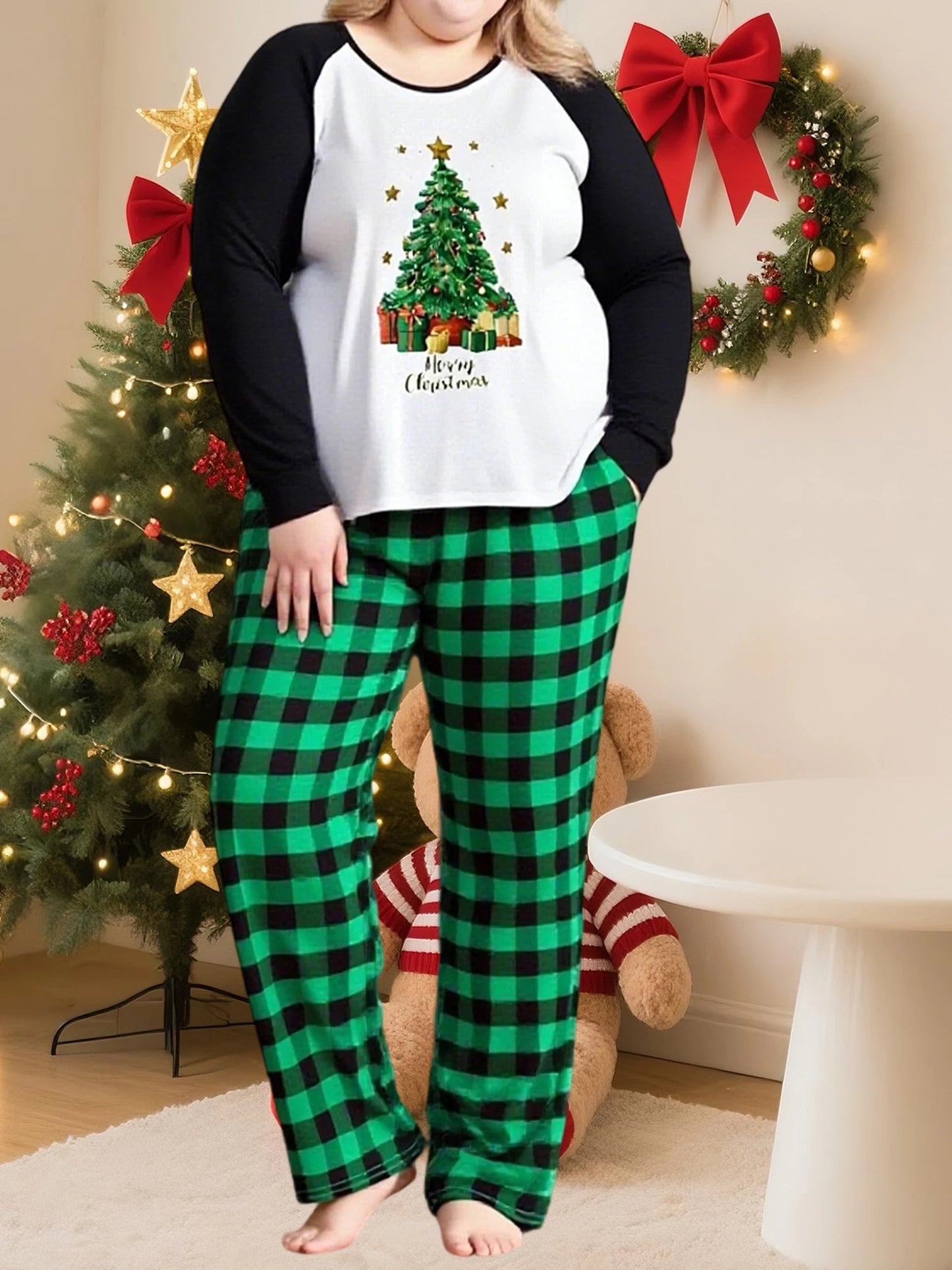 Women S Christmas Pajama Set Cozy Long Sleeve Top with Festive Print and Matching Plaid Pants for Sleepwear and Loungewear
