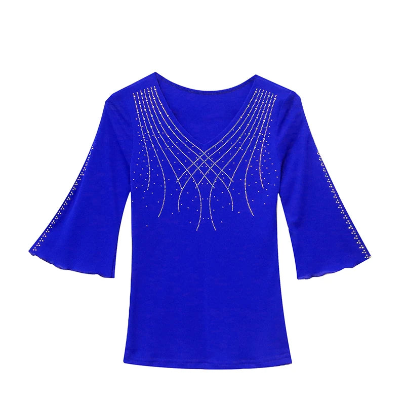2025 Spring Summer Mesh Tops Korean Fashion Diamond T Shirt Slim 3/4 Sleeve Hollow Out Casual Women Shirt
