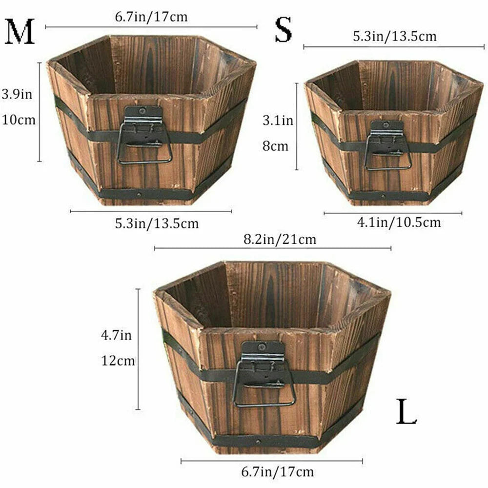 Rustic Wooden Barrel Flower Pots - High-Quality Indoor/Outdoor Planter Urns in Brown, Easy to Move
