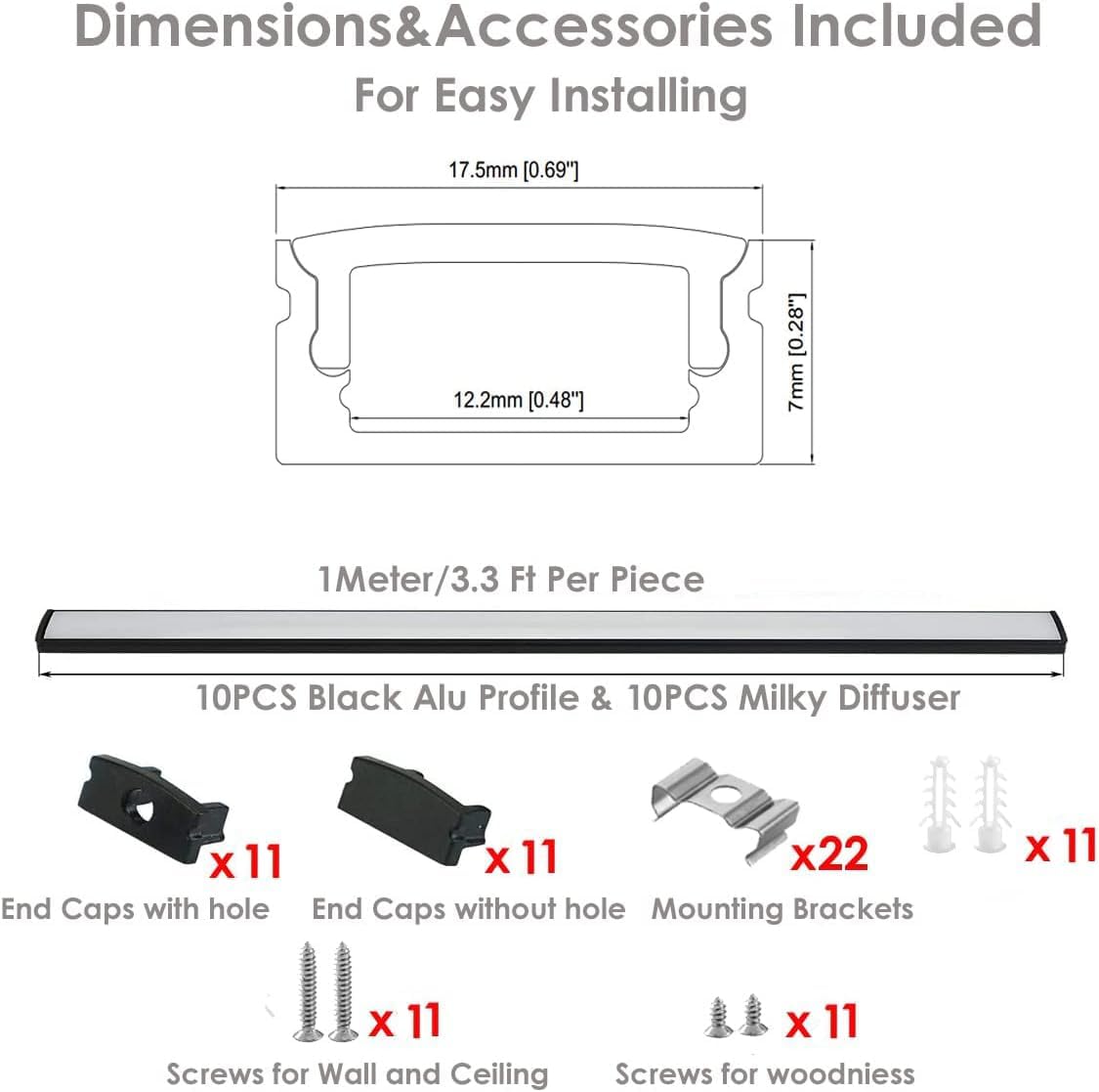10Pack 3.3Ft/1M Black LED Aluminum Channel,Led Strip Light Diffuser Aluminum Channel Profile Housing Extrusion for under Cabinet Counter and Stairs (Black-10Pack 3.3Ft)