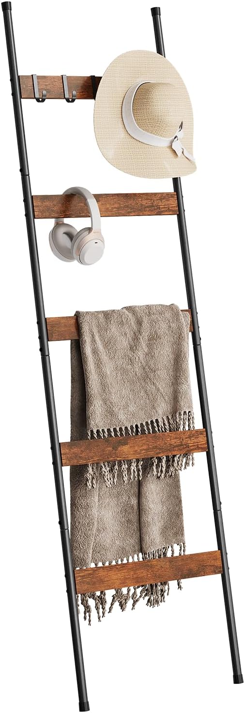 Blanket Ladder for Living Room, Farmhouse 5 -Tier Quilt Holder with 4 Removable Hooks for Bathroom, Wood Towel Rack Display, Wall Anchor Leaning Decorative Stand for Home Decor, Rustic Brown