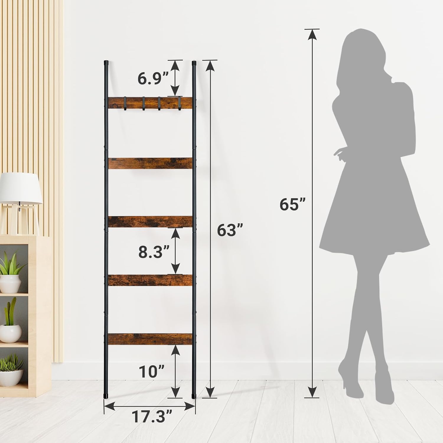 Blanket Ladder for Living Room, Farmhouse 5 -Tier Quilt Holder with 4 Removable Hooks for Bathroom, Wood Towel Rack Display, Wall Anchor Leaning Decorative Stand for Home Decor, Rustic Brown