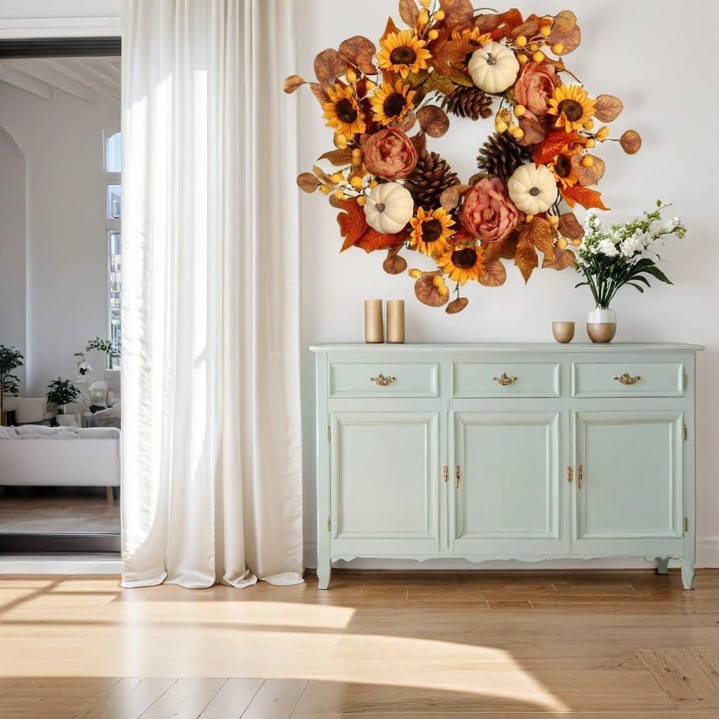 22-Inch Artificial Autumn Wreath with Sunflowers, Peonies, Pumpkins, and Eucalyptus for Thanksgiving and Harvest Celebrations