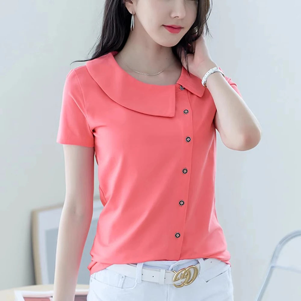 Korean Version Blue Pure Cotton Short Sleeved T-Shirt Women'S Summer New Polo Shirt Loose Half Sleeved Shirt Slim Fit Lapel Top