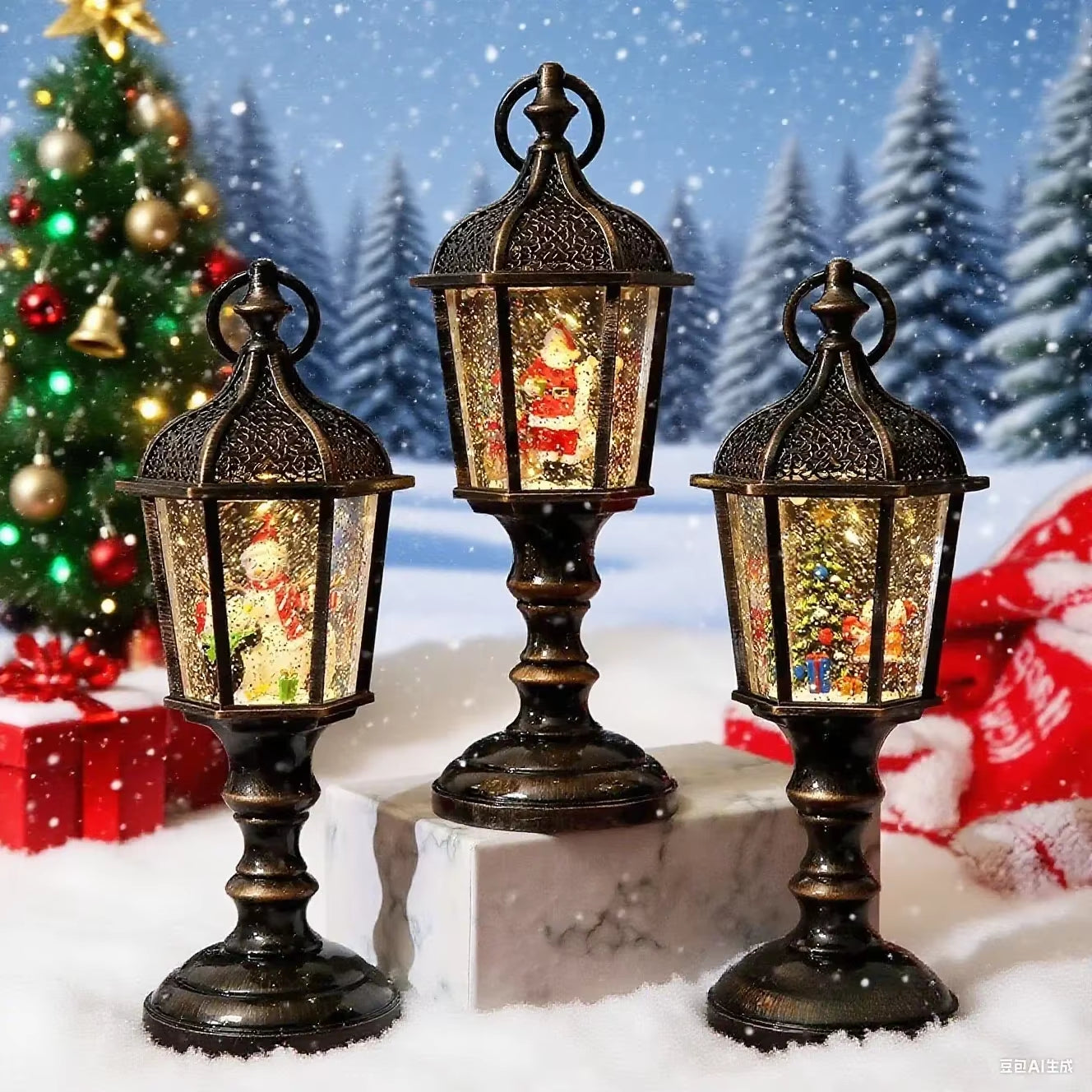 Battery-Powered Indoor Christmas Lanterns Featuring Santa Claus and Snowman Designs for Holiday Home Decor