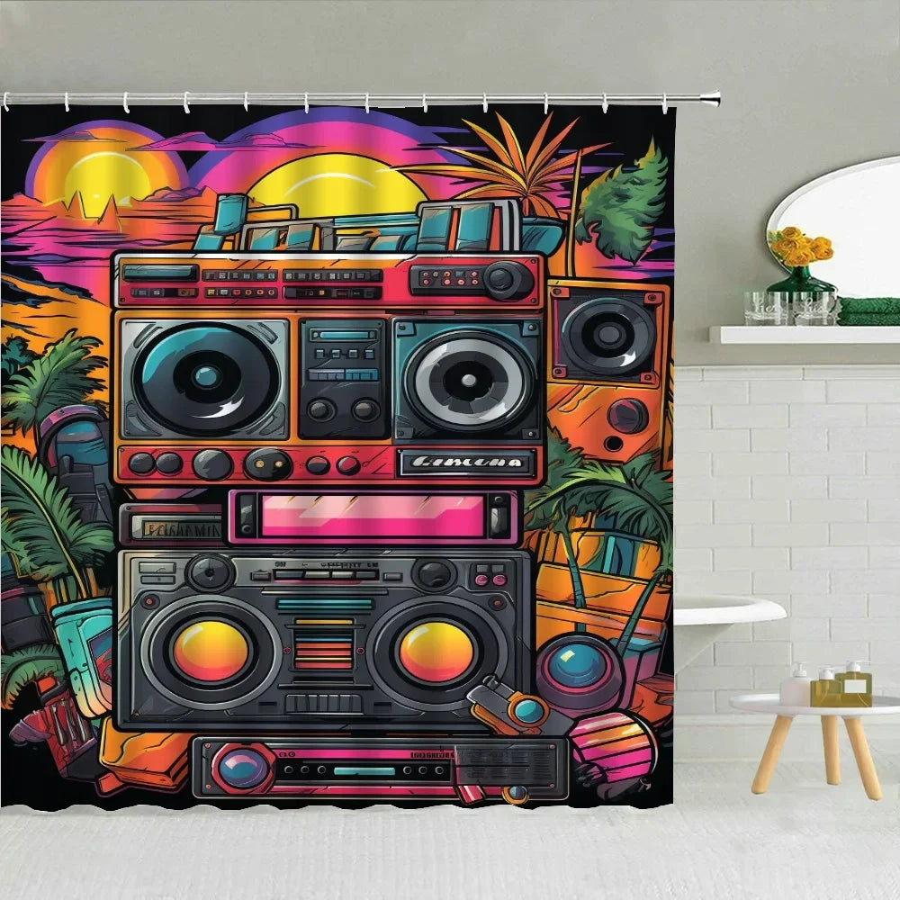 80S Vintage Radio Bathroom Curtains for the Home Shower Shower Curtain Waterproof Folding Partition Accessories Bath Bedrooms