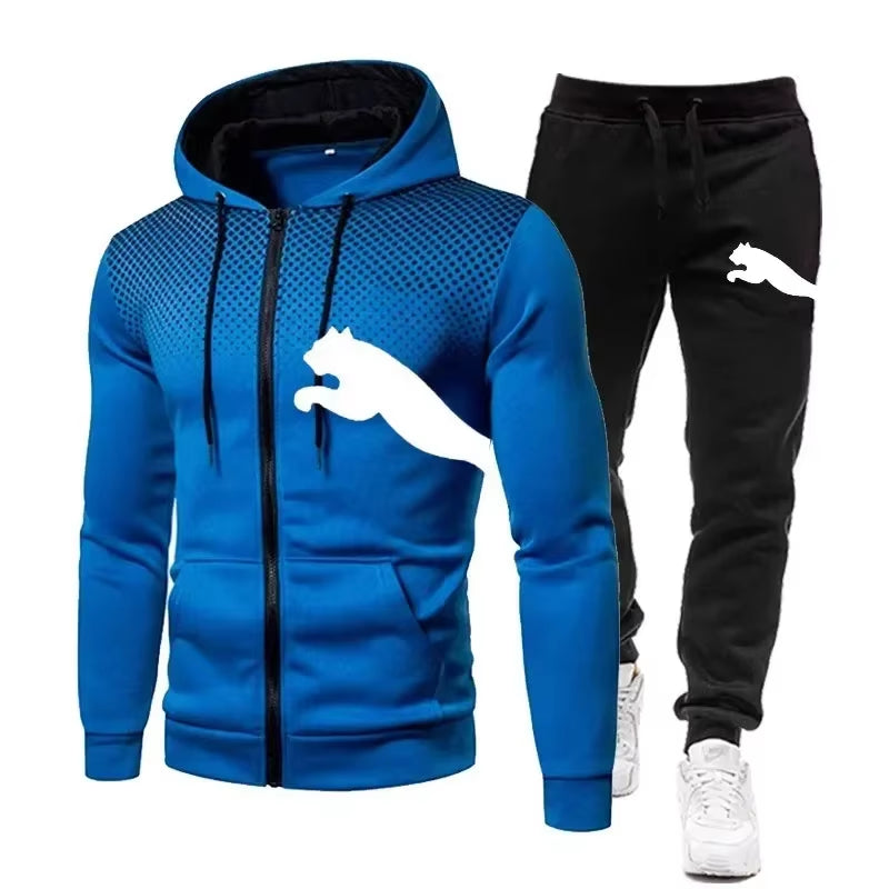 New Two-Piece Set of Zippered Hooded Sweatshirts and Sweatpants for Fashionable Men, Casual Outdoor Sports Men in Autumn