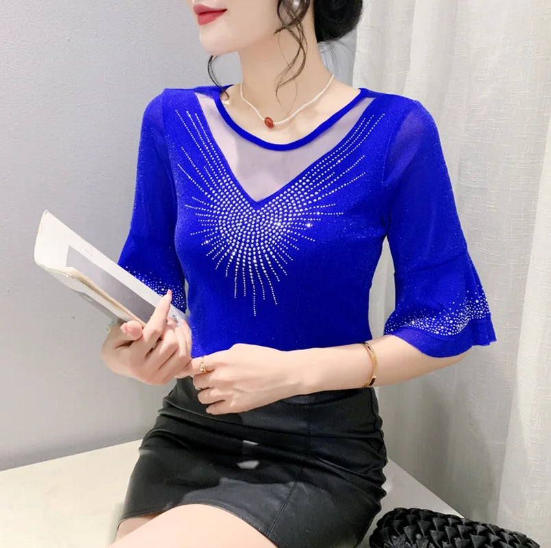 2025 Spring Summer Mesh Tops Korean Fashion Diamond T Shirt Slim 3/4 Sleeve Hollow Out Casual Women Shirt