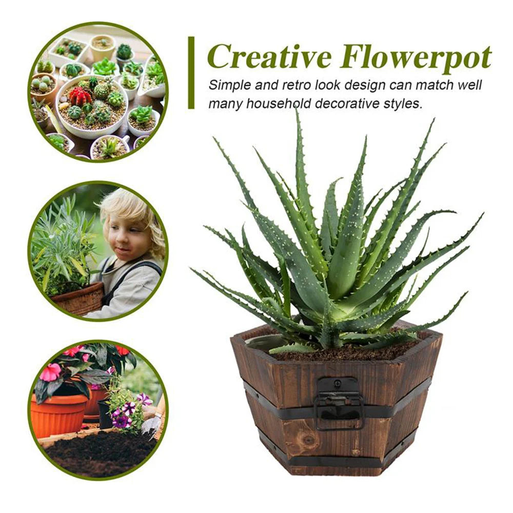 Rustic Wooden Barrel Flower Pots - High-Quality Indoor/Outdoor Planter Urns in Brown, Easy to Move