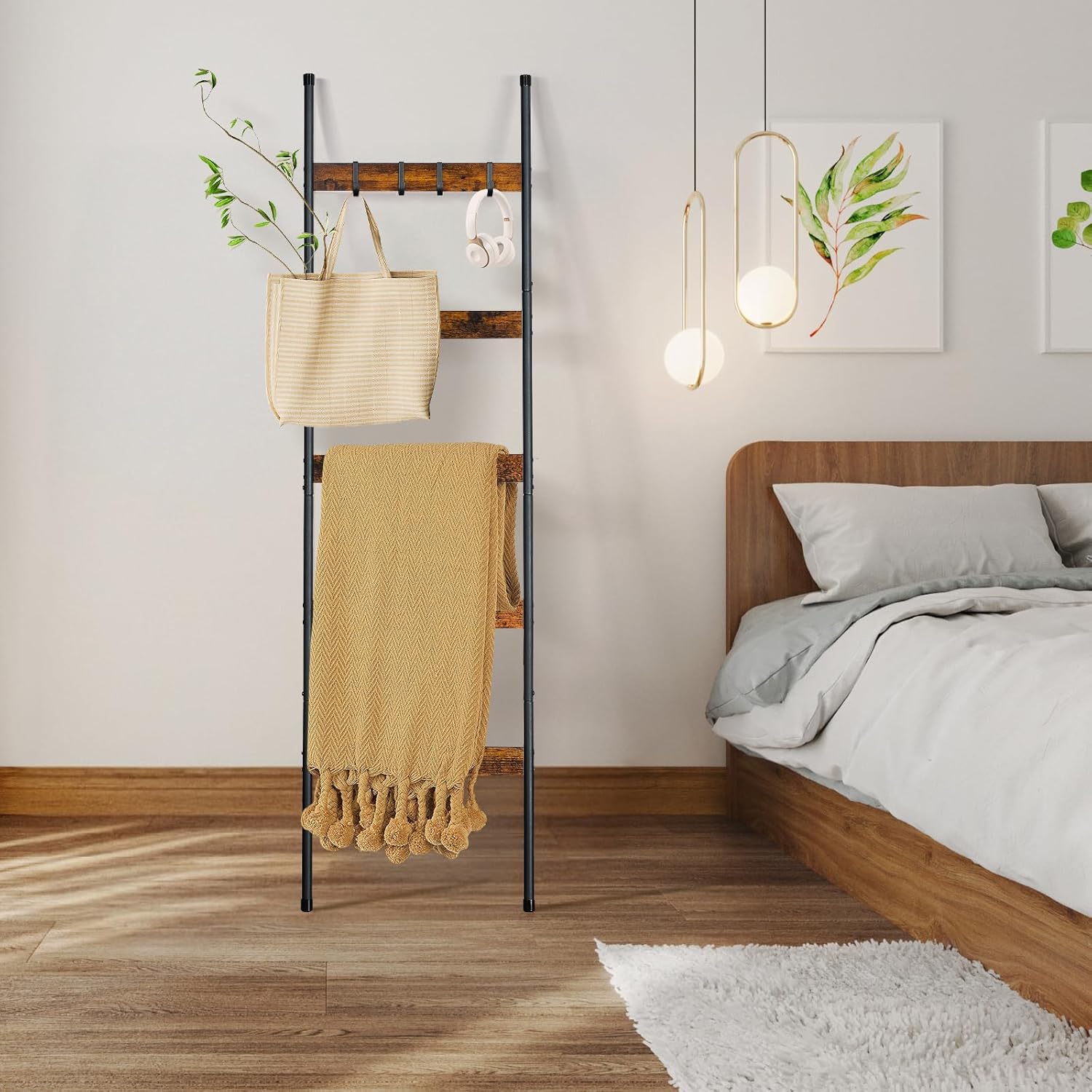 Blanket Ladder for Living Room, Farmhouse 5 -Tier Quilt Holder with 4 Removable Hooks for Bathroom, Wood Towel Rack Display, Wall Anchor Leaning Decorative Stand for Home Decor, Rustic Brown