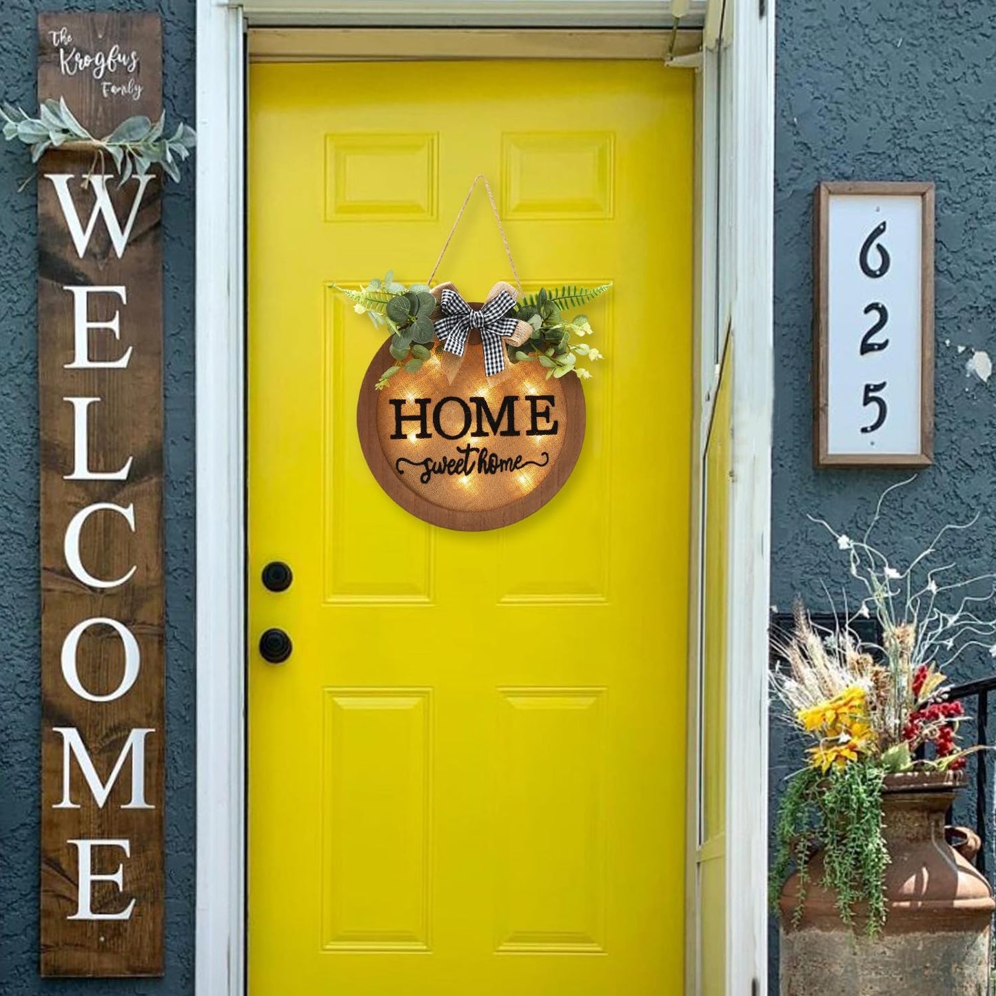 Rustic Wooden Welcome Sign for Front Door - Farmhouse Style Door Wreath and Seasonal Home Decoration (F-Brown)