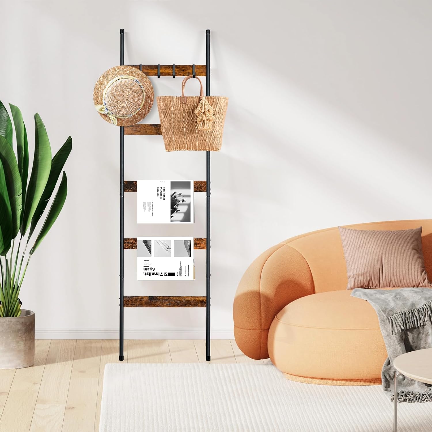 Blanket Ladder for Living Room, Farmhouse 5 -Tier Quilt Holder with 4 Removable Hooks for Bathroom, Wood Towel Rack Display, Wall Anchor Leaning Decorative Stand for Home Decor, Rustic Brown