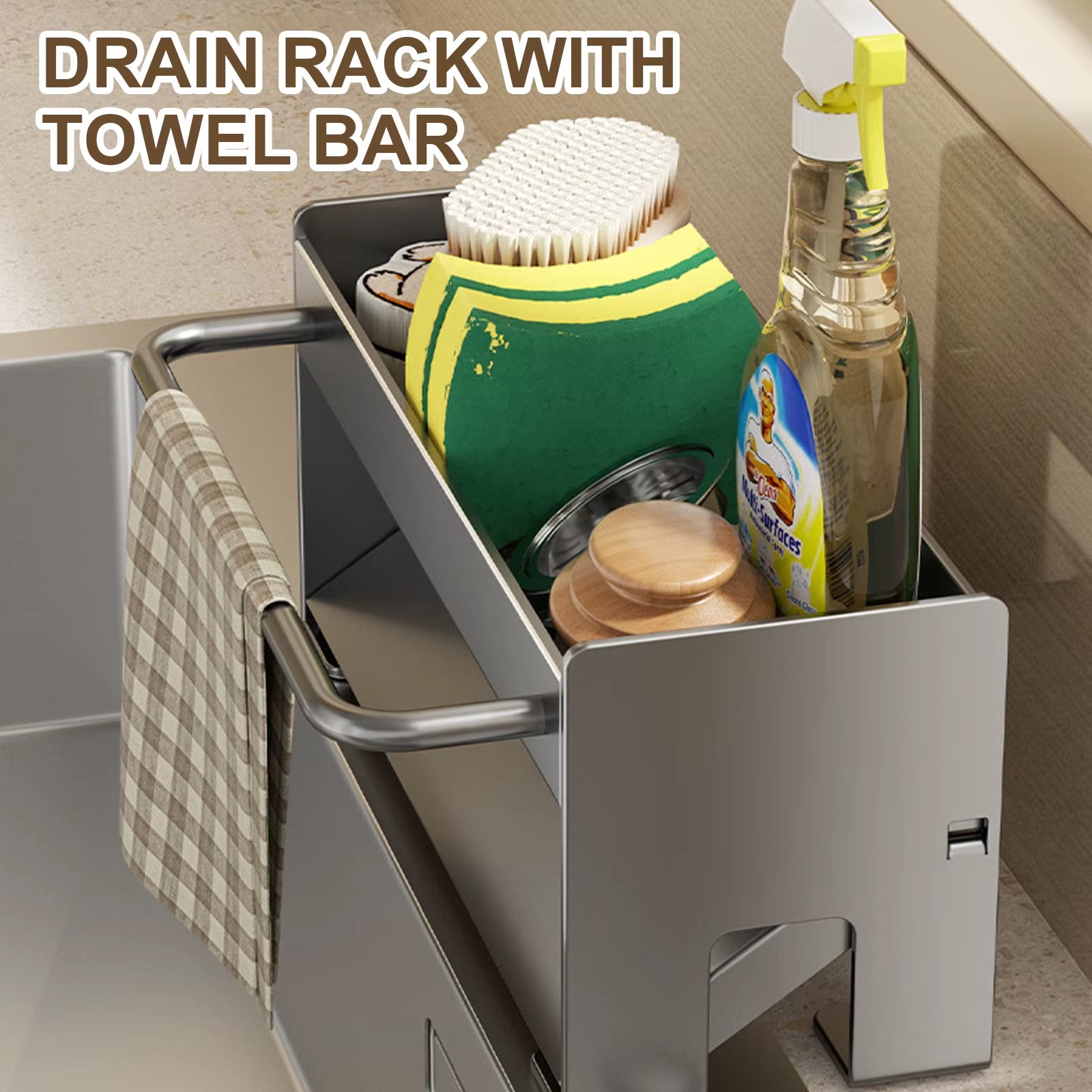 Space Aluminum Kitchen Sponge Holder and Sink Drain Rack - Soap Drainer and Towel Shelf Organizer for Bathroom Storage